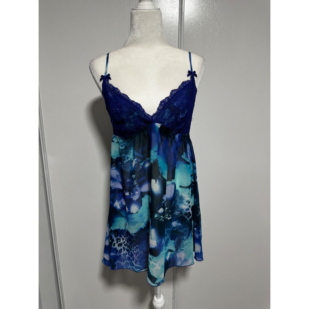Linea Donatella Blue Floral Lace Babydoll Chemise Nightgown Lingerie‎ Medium